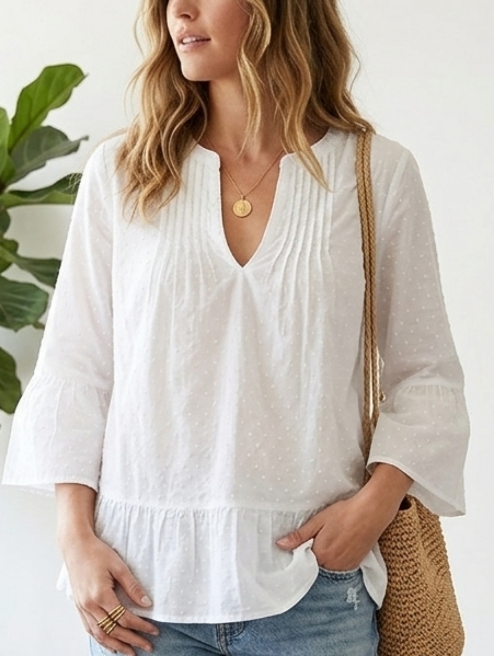 GAP 100% Cotton White Pintuck Peasant Top with Flared Sleeves